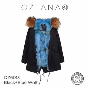 ozlana 皮草大衣 孔雀蓝狐狸毛 防泼水防褪色 黑色外套