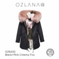 ozlana 粉色/墨绿色 拼接狐狸毛 黑色外套 防泼水防褪色	